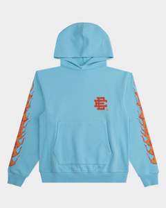 Sudadera con capucha azul claro con estampado de llamas en las mangas y logotipo frontal, suéter informal de forro polar para hombre, ropa de otoño - Product Image 1