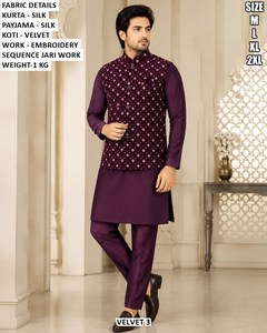Ensemble Kurta Pyjama en Velours de Soie pour Homme, Longueur Ras du Sol, Broderie Jari, Violet, Tenue Traditionnelle de Mariage, Séchage Rapide, Coupe Classique, Toutes Tailles - Product Image 1