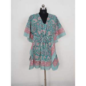 Kaftan en coton fait main imprimé au bloc pour femme, style bohème floral, tunique d'été confortable grande taille, robe de mariée, par-dessus maillot de bain - Product Image 1