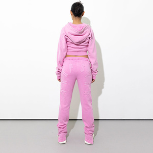 Women Pink Hooded <b>Tracksuit</b> Set Full Length Pants Crop Jacket Loose Fit Casual Solid Color Spring Wear - Product Image 2