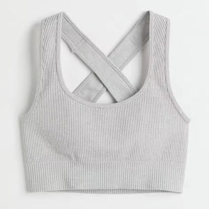 Women <b>Racerback</b> Sports <b>Bra</b> Ribbed Scoop Neck Medium Support Breathable Yoga Wear Solid Gray Seamless Spandex Cotton - Product Image 3