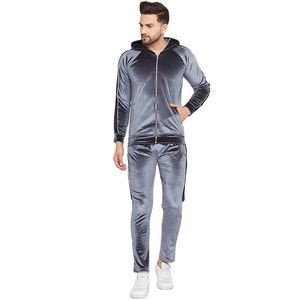 WARPRO INDUSTRY Men's Gray Velvet Tracksuit <b>Hooded</b> Full <b>Zip</b> Solid Color Casual Sportswear Side Pockets Winter Wear Midweight - Product Image 1