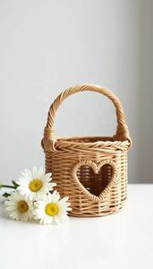 Cesta de ratán natural hecha a mano en forma de corazón - Pequeña cesta de juguetes de ratán para niñas que asisten a fiestas de boda, con asas retorcidas. - Product Image 3