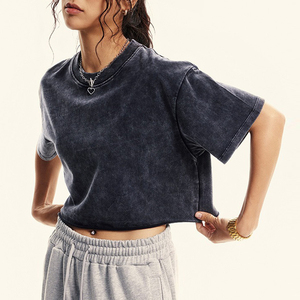 <b>Hip</b> Hop Custom Women Oversized Distress Cropped Boxy Tshirt Vintage Acid Wash Heavyweight Cotton Cut and Sew Graphic t Shirts - Product Image 1
