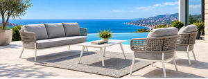 Ensemble de canapés modernes en corde tressée pour l'extérieur avec coussins gris, structure en aluminium, chaises longues et table basse pour jardin et terrasse - Product Image 3
