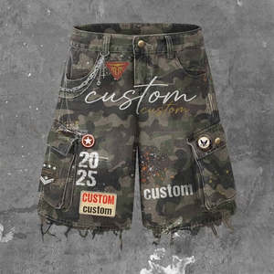 Ensemble sweat à capuche zippé et short camouflage pour homme - Coton molletonné surdimensionné avec strass, effet vieilli et patch vintage - Product Image 2