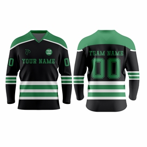 Custom Sublimated Ice Hockey Jersey Black Green Striped V-Neck Full Sleeve Breathable Polyester Uniform for Adults - Product Image 1