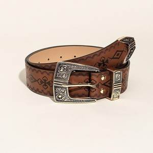 Cinturón de Cuero PU con Hebilla de Aleación, Estilo Bohemio Casual, Vaquero Occidental, Retro, con Estampado Turquesa Tallado, para Mujer - Product Image 3