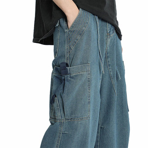 SHY SPORTS Pantalon en jean baggy à jambe large de style urbain, vert délavé, avec poches cargo, coupe évasée, personnalisé pour homme, streetwear - Product Image 4