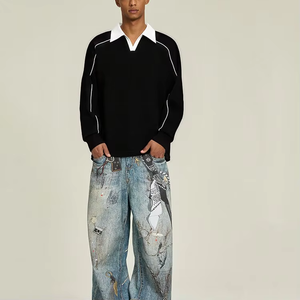 Polo de Manga Larga Negro para Hombre, Color Sólido, Tejido de Punto, Diseño Casual con Solapa, Costuras en Contraste - Product Image 4