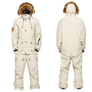 Ensemble veste de snowboard et pantalon cargo pour homme, couleur crème, avec capuche en fausse fourrure amovible, pour l'hiver - Product Image 1