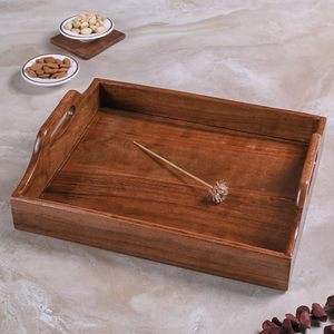 Raised Handle Wooden Serving Tray Multipurpose Durable Fine Quality Natural Serving <b>Platter</b> Stackable Dessert Serving Tray - Product Image 1