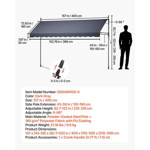 Auvent rétractable manuel pour patio, hauteur réglable 157 pouces, abri pare-soleil pour portes et fenêtres - Product Image 2