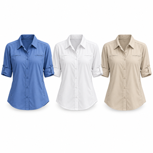 Chemise de randonnée pour femme à manches longues, personnalisable, avec manches retroussables et boutons sur le devant, bleue, vente en gros - Product Image 6