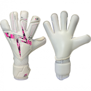 Gants de gardien de but de football Goalproof blancs et roses, impression par sublimation, matériau PU, antidérapants, respirants, protection des doigts, fermeture auto-agrippante - Product Image 1