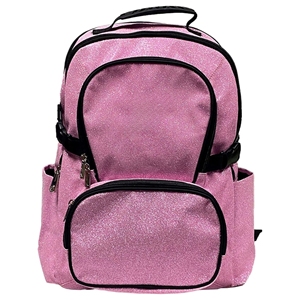 Cheerleading <b>Backpack</b> Printed Polyester Custom Pink Glitter Sparkle <b>Black</b> Trim Multi Pocket Squad Bag Bulk OEM - Product Image 1