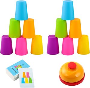 Ensemble de <span class=keywords><strong>2</strong></span> jeux de tasses empilables interactifs colorés - Entraînement mental et activité familiale compétitive avec 12 tasses, 54 cartes et cloche - Product Image 1