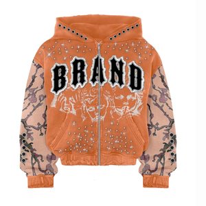 Sweat à capuche zippé personnalisé avec strass et cristaux pour votre marque – Style Hip Hop Streetwear – Coupe courte - Product Image 2