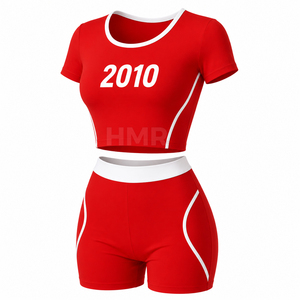 Ensemble crop top et short imprimé HMR Sorority Sisterhood, tenue de sport deux pièces avec rayures latérales et col rond - Product Image 5