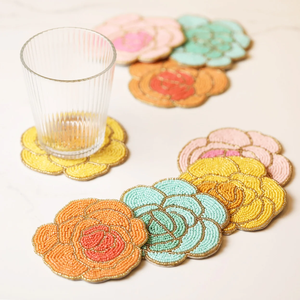 <b>Beaded</b> <b>Coaster</b> Set of 4 <b>Coaster</b> Oriental Design Fabric Mats With Gold And White Pearl Embroidery <b>Coaster</b> - Product Image 5