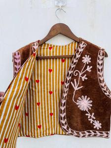 Brown Velvet Lightweight Bohemian <b>Floral</b> Embroidered Zipper Closure Cotton Vest Women Short V-neck Streetwear <b>Waistcoat</b> - Product Image 3