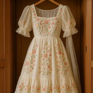 Nuevo Vestido Estilo Cottage Color Crema con Bordado Floral, Mangas Abullonadas de Organza y Largo hasta el Suelo - Product Image 1