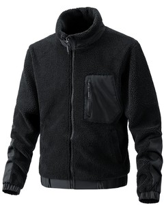 Men's Black <b>Fleece</b> <b>Jacket</b> Stand Collar Zipper Closure Windproof Casual Winter Outerwear Regular Fit Sherpa <b>Lining</b> - Product Image 1
