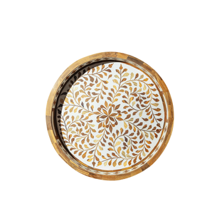 Handcrafted Mother Of Pearl Inlay Round Serving <b>Tray</b> Decorative Floral Pattern Wooden <b>Breakfast</b> <b>Tray</b> Artisan Home Decor Gift - Product Image 1