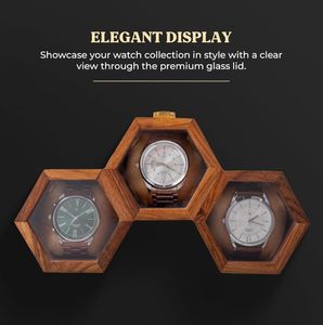 Boîte de rangement et de présentation de montres hexagonale en bois poli avec nœud en ruban doré, emballage cadeau pour montres-bracelets pour hommes - Product Image 3