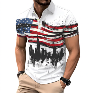 Polo en coton pour homme à manches courtes, imprimé, décontracté, respirant, design tricoté, logo frontal, blanc, rouge, bleu - Product Image 2