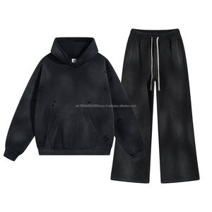 Haute qualité à la mode Vintage en détresse lavage à l'acide 360GSM polaire coton athlétique surdimensionné sweats à capuche et pantalons de survêtement Legging ensemble - Product Image 3