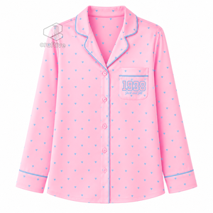 Jack And Jill Of America Women's Pink Heart Print Pajama Set Button Front Long Sleeve Notched Collar Contrast Piping <b>PJs</b> - Product Image 2
