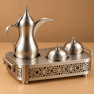 Juego de café árabe Dallah de lujo en plata con soporte decorativo para calentar, estilo de Oriente Medio, cafetera de metal, diseño duradero - Product Image 4