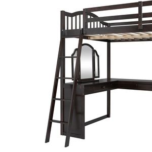 Espresso U-Shaped Wooden Loft Bed with Storage Compartments and Tri-Fold Mirror Full Size Desk Included - Product Image 6