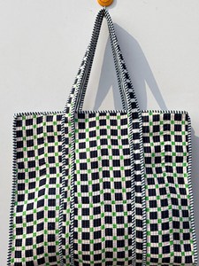 Premium Black <b>Quilted</b> Cotton Tote Bag Checked Print Bohemian Style Casual Zipper Shopping Travel <b>Handbag</b> for Women Daily Use - Product Image 3