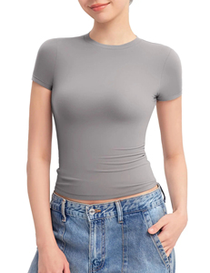 Vente en gros de t-shirts à manches courtes pour femmes 2024, tissu en toile, col rond, écologiques, respirants, compressés, décontractés, taille personnalisée - Product Image 4