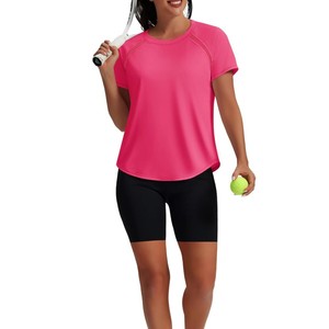 Camiseta Deportiva de Manga Corta con Cuello Redondo y Color Rosa Sólido para Mujer, de Secado Rápido, Tejido de Punto, Ajuste Deportivo, para Primavera/Verano, Gimnasio, ODM OEM - Product Image 5