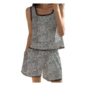 Pijama de Algodón Puro con Encaje para Adulto, Hermoso Estampado Floral sin Mangas, Conjunto de Pijama de Primavera/Verano con Estampado a Bloques, Venta al por Mayor - Product Image 1