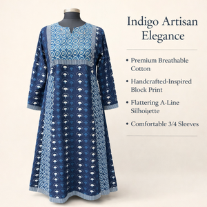 Robe longue décontractée en coton indigo faite à la main, imprimée au bloc, col en V, manches longues, contraste Kali, vente en gros - Product Image 5
