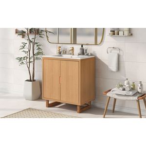 Mobile Bagno da 30 Pollici con Struttura in Legno Massello, Lavabo e Armadietto Contenitore Integrati - Product Image 3
