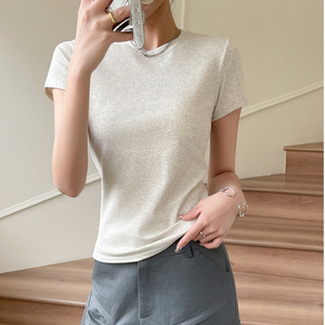 เสื้อยืดแขนสั้นคอกลมสีทึบสำหรับผู้หญิงทรงเข้ารูปลำลองผ้าฝ้ายเจอร์ซีย์สวมใส่ได้ในฤดูใบไม้ผลิฤดูร้อน - Product Image 3
