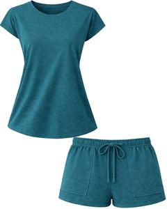 Teal Women Lounge Set Short Sleeve T Shirt And Shorts Casual Summer Pajama Set Soft Breathable Cotton Blend Two Piece Outfit - Product Image 6