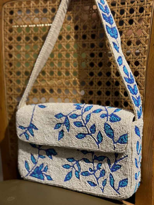 Bolso de Hombro de Lujo Hecho a Mano con Cuentas, Patrón de Hojas Blancas y Azules Bordadas, Bolso de Mano Elegante para Mujer, Bolso de Fiesta Pequeño - Product Image 6