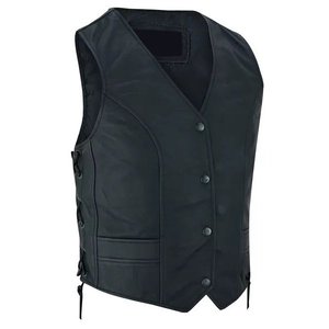 Chaleco de Cuero para Motocicleta para Hombre, Elegante Chaleco de Cuero Negro con Botones a Presión en la Parte Delantera y Diseño de Cordones Laterales Ajustables - Product Image 5