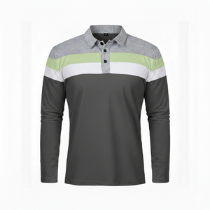 Polo à manches longues pour homme, à rayures contrastées, col à revers, style décontracté chic, en mélange de coton respirant, idéal pour le golf - Product Image 3