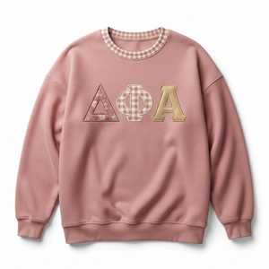 เสื้อสเวตเตอร์คอกลมสีชมพูผู้หญิงปักตัวอักษรเดลต้า ฟิ อัลฟาทรงปกติเสื้อสเวตเตอร์ผ้าฝ้ายถักสำหรับฤดูใบไม้ร่วง - Product Image 1