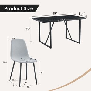 55-Inch Minimalist <b>Retro</b> Rectangular <b>Dining</b> <b>Table</b> with Black Textured Top Paired with 6 Light Gray Linen-<b>Table</b> and Chair Set - Product Image 4