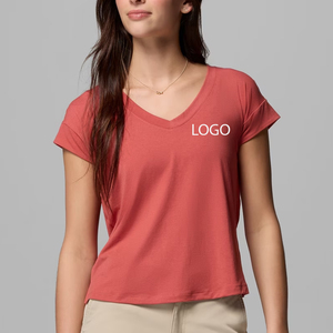 T-shirt pour femme à col en V, toucher doux, haut léger pour femme, matière polyester respirante et douce, avec logo personnalisé, design décontracté - Product Image 1