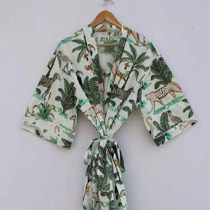 Bata Kimono de Algodón Suave con Estampado de Bloques y Dibujos Animados Naaz para Mujer, Camisón de Verano Hecho a Mano ODM con Cuello en V, Cintura Elástica y Largo hasta la Rodilla - Product Image 1