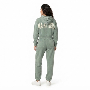 Custom Women Sage Green Acid Wash <b>Cropped</b> Hoodie <b>Jogger</b> Set Cotton Fleece Streetwear Tracksuit OEM Wholesale - Product Image 2